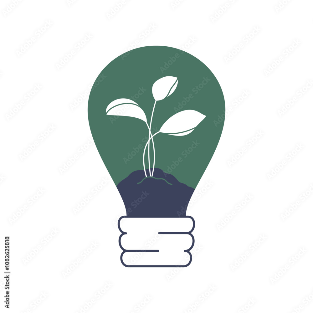 Light Bulb with leaves and soil inside of. Lamp icon with plants. Alternative eco technology of Renewable biomass natural resources . Vector illustration Light Bulb with leaves and soil inside of. Lamp icon with plants. Alternative eco technology of Renewable biomass natural resources . Vector illustration