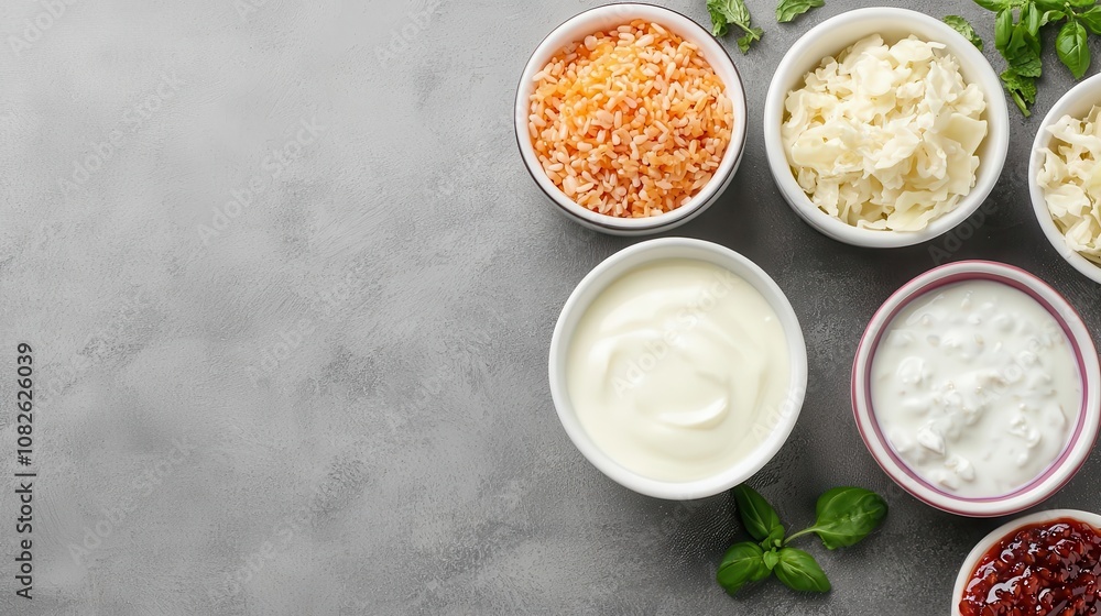 Flatlay of probiotics with yogurt, kefir, and sauerkraut, emphasizing gut health and digestion Flatlay of probiotics with yogurt, kefir, and sauerkraut, emphasizing gut health and digestion