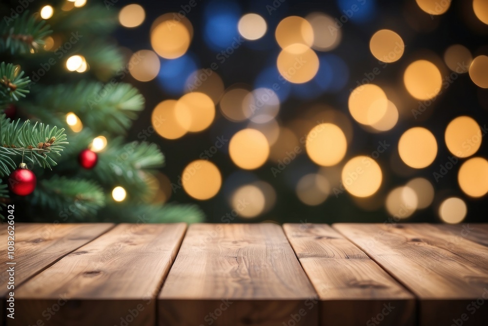 empty christmas table background with christmas tree out of focus for product display montage empty christmas table background with christmas tree out of focus for product display montage