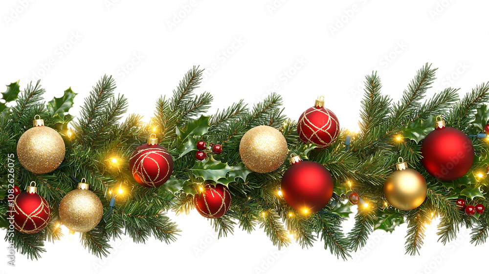 Festive red and gold glass baubles adorn a lush green fir tree branch for a joyous Christmas celebration isolated on transparent background. Festive red and gold glass baubles adorn a lush green fir tree branch for a joyous Christmas celebration isolated on transparent background.