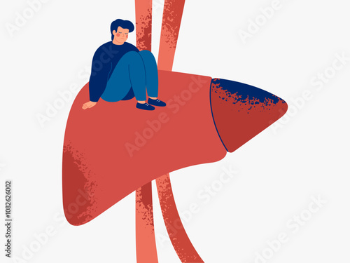Unhealthy liver and sad man on it. Hepatitis disease and chronic illness or hepatic cancer. Healthcare and medical concept. Vector illustration
