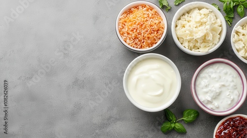 Flatlay of probiotics with yogurt, kefir, and sauerkraut, emphasizing gut health and digestion photo