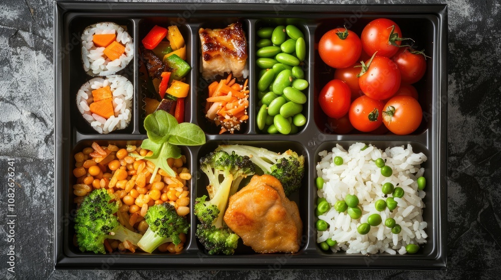 Healthy lunch in a bento box with perfect symmetry Healthy lunch in a bento box with perfect symmetry