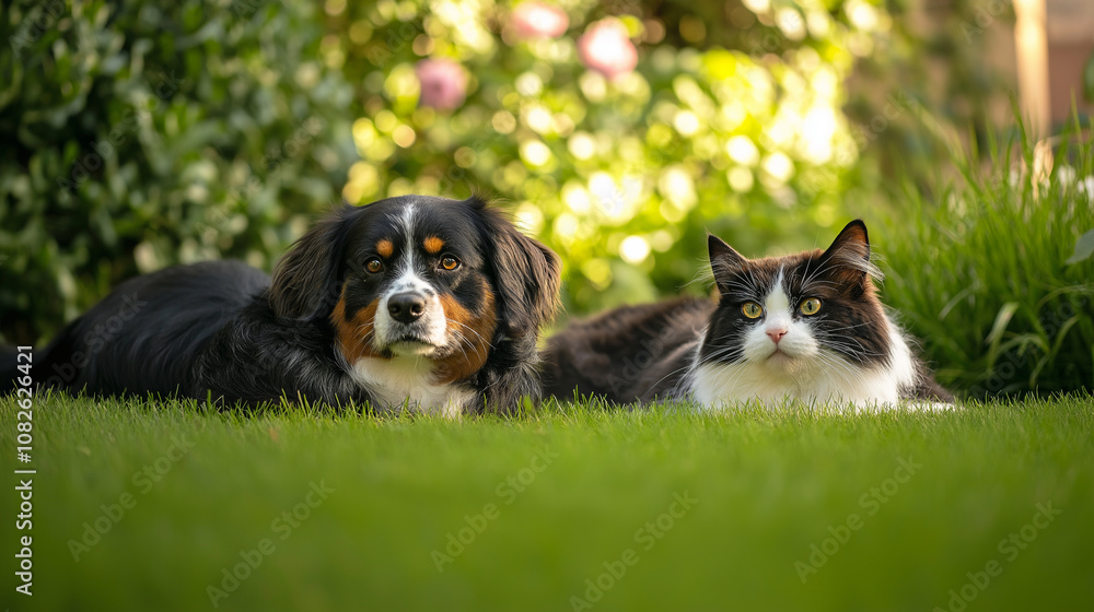 Friendly dog and cat relaxing together on green grass in a sunny garden Friendly dog and cat relaxing together on green grass in a sunny garden