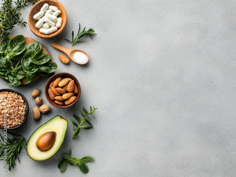 Flatlay of collagen supplements with avocado, fish, and nuts, promoting skin and joint health Flatlay of collagen supplements with avocado, fish, and nuts, promoting skin and joint health