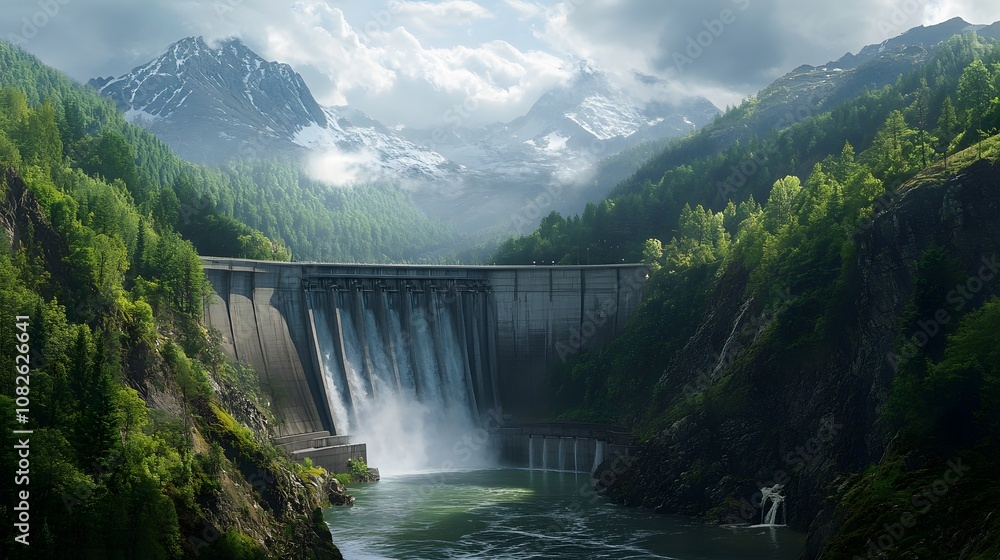 A hydroelectric dam in a mountainous landscape, with waterfalls and lush green surroundings, showcasing renewable energy sources. Cinematic Scene, 4k resolution, cinematic scene A hydroelectric dam in a mountainous landscape, with waterfalls and lush green surroundings, showcasing renewable energy sources. Cinematic Scene, 4k resolution, cinematic scene