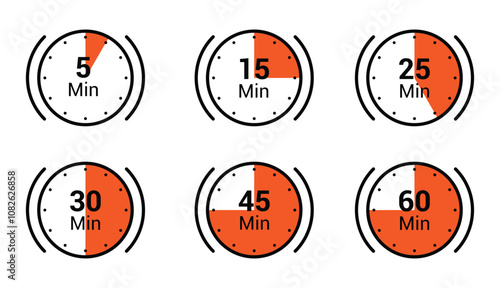 Timer, clock, stopwatch set icons. Countdown timer symbol icon set. Label cooking time.  5, 15, 25, 30, 45,  and 60 minutes. isolated Vector illustration.