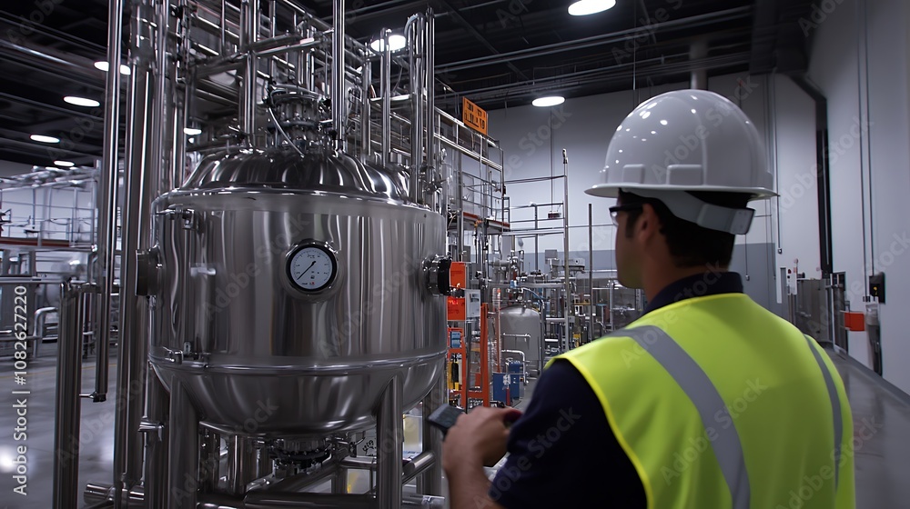 Fototapeta premium A worker in a safety helmet and vest inspects industrial equipment in a manufacturing facility.