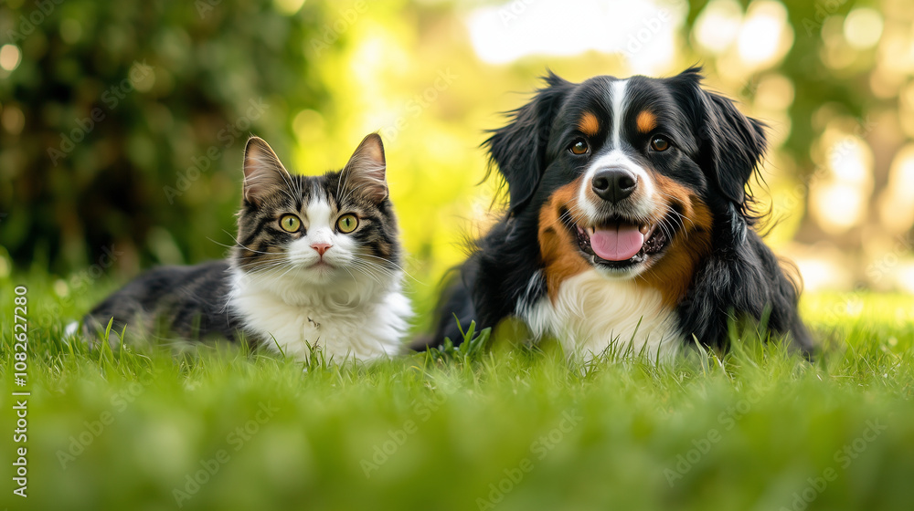 Friendly dog and cat relaxing together on green grass in a sunny garden Friendly dog and cat relaxing together on green grass in a sunny garden