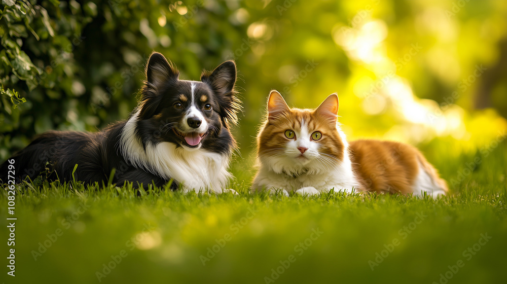 Friendly dog and cat relaxing together on green grass in a sunny garden Friendly dog and cat relaxing together on green grass in a sunny garden