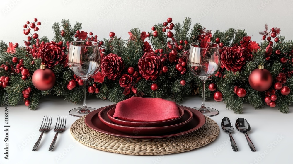 A festive table setting for Christmas dinner, isolated white background. Generative AI A festive table setting for Christmas dinner, isolated white background. Generative AI