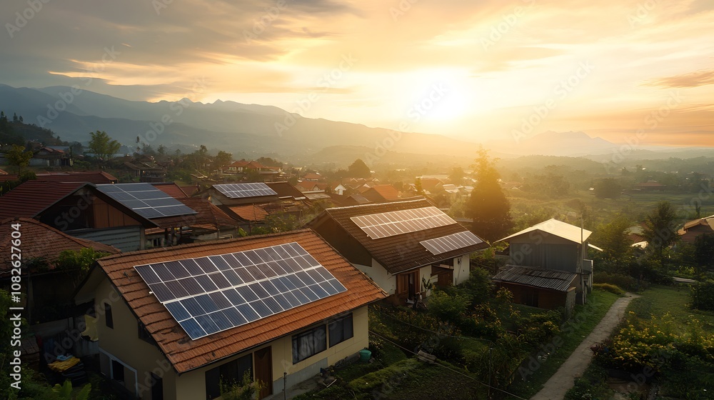 A small town with rooftop solar installations, captured from a high perspective to show sustainable energy integration in a rural setting. Cinematic Scene, 4k resolution, cinematic scene A small town with rooftop solar installations, captured from a high perspective to show sustainable energy integration in a rural setting. Cinematic Scene, 4k resolution, cinematic scene