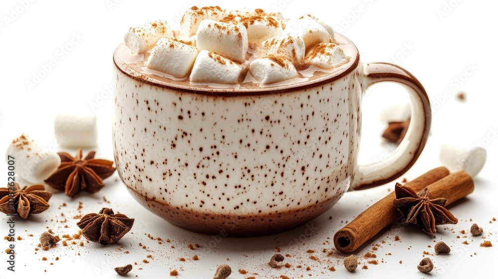 Hot cocoa mug with marshmallows and a cinnamon stick. Generative AI Hot cocoa mug with marshmallows and a cinnamon stick. Generative AI
