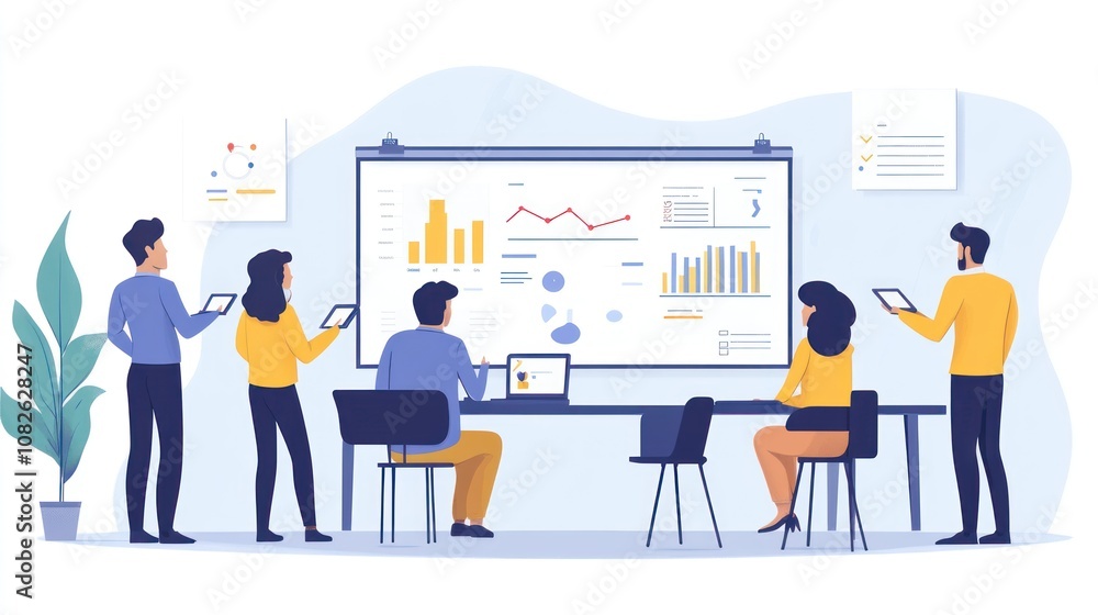 A team of four people are looking at charts and data displayed on a whiteboard during a meeting. A team of four people are looking at charts and data displayed on a whiteboard during a meeting.