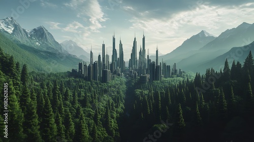 A futuristic cityscape surrounded by mountains and dense forests, with advanced structures and symmetrical architecture blending seamlessly into nature. No text, no logo, wide angle shot, Cinematic photo