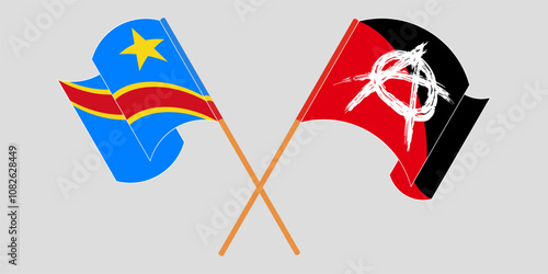 Crossed and waving flags of Democratic Republic of the Congo and Anarchy. Vector illustration