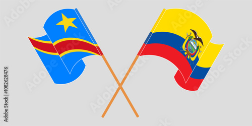 Crossed and waving flags of Democratic Republic of the Congo and Republic of Ecuador. Vector illustration