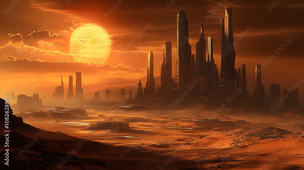 A symmetrical cityscape set in a desert with advanced buildings featuring sustainable energy technology, creating an oasis of innovation. No text, no logo, wide angle shot, Cinematic Scene, 4k A symmetrical cityscape set in a desert with advanced buildings featuring sustainable energy technology, creating an oasis of innovation. No text, no logo, wide angle shot, Cinematic Scene, 4k