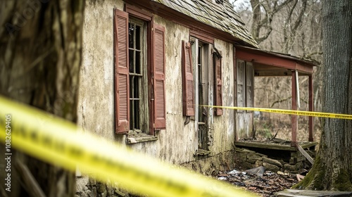 Police tape encircling an abandoned house, symbolizing caution and the need for vigilance in neglected areas, emphasizing the importance of community safety and awareness. photo