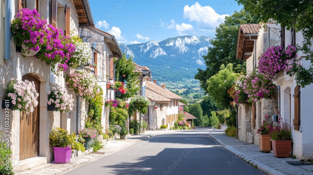 Fototapeta premium Picturesque Small Town Landscape Featuring Charming Houses, Lush Greenery, and Serene Atmosphere in a Beautiful Natural Setting