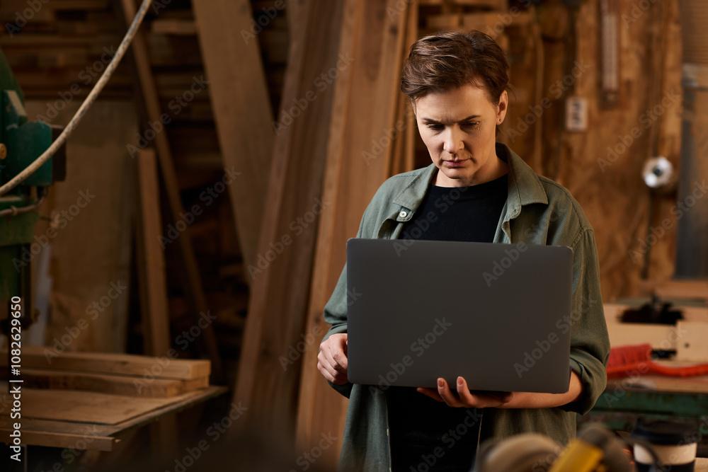A skilled female carpenter works diligently in her workshop, blending craftsmanship with modern technology. A skilled female carpenter works diligently in her workshop, blending craftsmanship with modern technology.