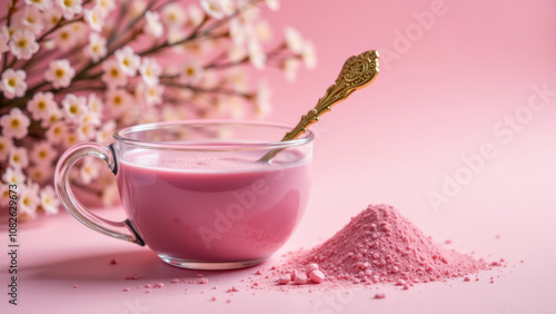 A cup of pink matcha powder with a gold spoon on a floral tablecloth.