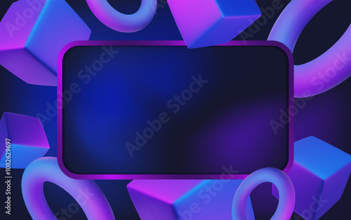 Abstract poster, brochure, flyer design background with blue, purple cubes, toruses and empty banner