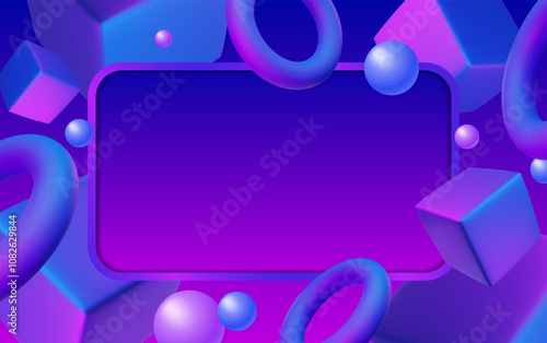 Abstract poster, brochure, flyer design background with blue, purple cubes, floating balls, toruses and empty banner