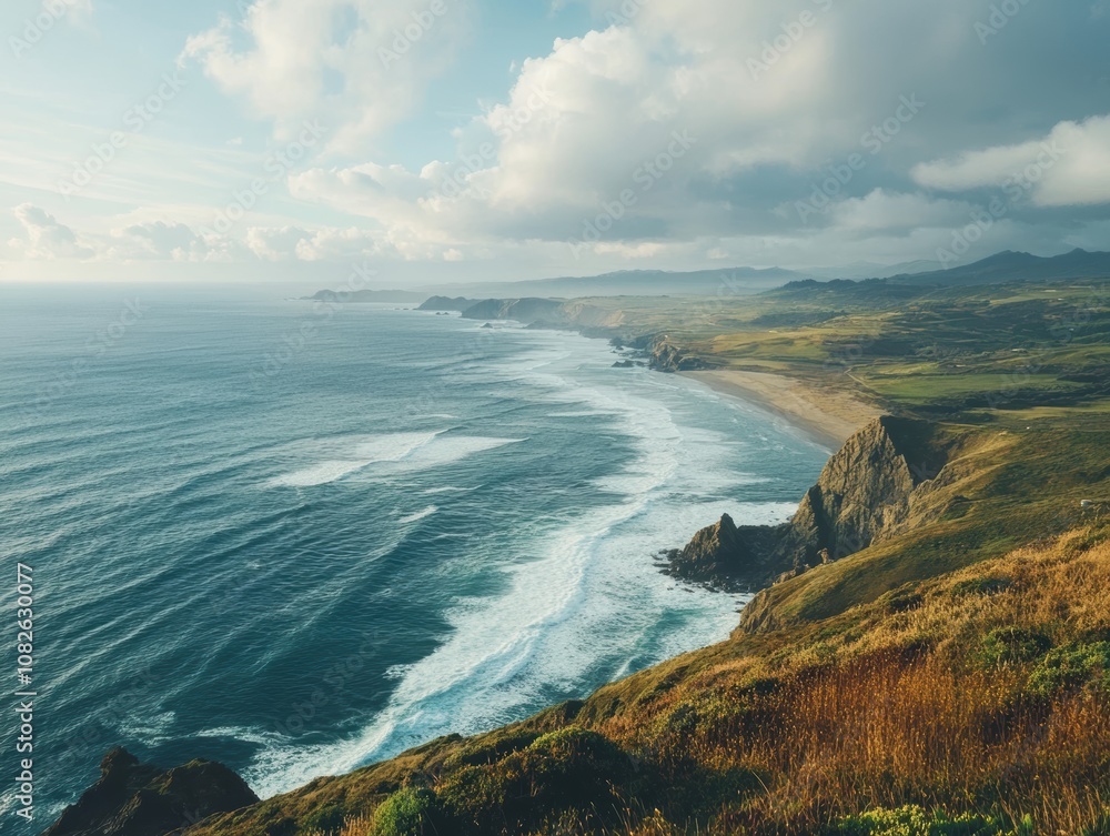 custom made wallpaper toronto digitalA panoramic view of a coastline with a sandy beach, rolling green hills, and a blue ocean with white-capped waves. The sky is a mix of blue and white clouds.