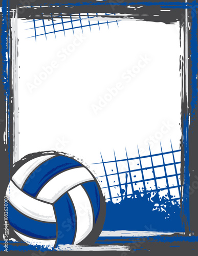 Graphic illustrated volleyball flyer frame. Blue, gray, and white. Frame to print, make flyer, use as image, and more. Great for events, sports teams, schools, or recreational use.