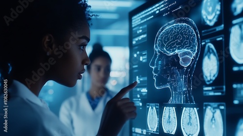 A close-up of a digital interface showing AI analysis of a brain scan, with a doctor and nurse discussing the results, highlighting AI's role in medical imaging 