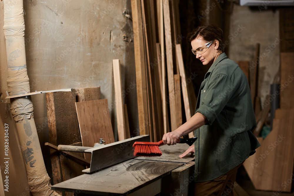 A talented female carpenter focuses on her craft, working diligently with wood in a well-lit workshop. A talented female carpenter focuses on her craft, working diligently with wood in a well-lit workshop.