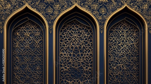 Detailed Design of Intricately Patterned Indian Jali Windows with Ornate Golden Lattice on Navy Background
