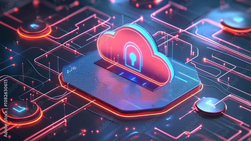 Fototapeta premium Cloud security illustration digital workspace graphic design futuristic environment close-up viewpoint cybersecurity concept
