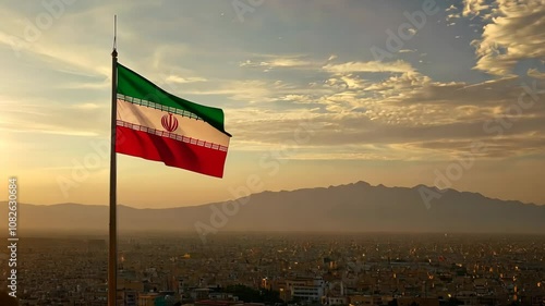 The Iranian flag waves proudly in the breeze against a backdrop of mountains and a cityscape at sunset