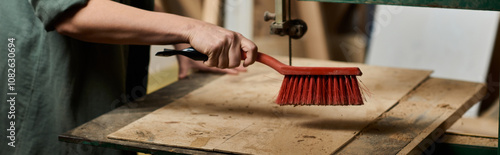 Fotografija carpenter meticulously cleans wood surfaces in her vibrant workshop filled with tools and materials