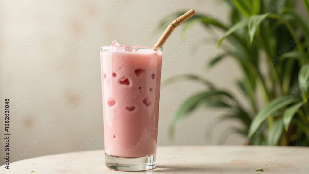 Refreshing pink matcha drink with ice and a straw on a wooden table. Refreshing pink matcha drink with ice and a straw on a wooden table.