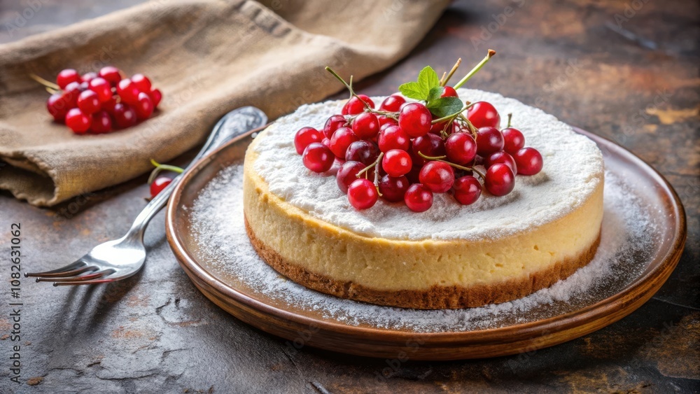 A Classic Cheesecake Topped with Fresh Red Berries and a Light Dusting of Powdered Sugar, Ready to Be Sliced and Enjoyed A Classic Cheesecake Topped with Fresh Red Berries and a Light Dusting of Powdered Sugar, Ready to Be Sliced and Enjoyed