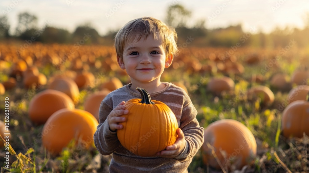 Fototapeta premium Small child playing in pumpkin field in farm in Fall