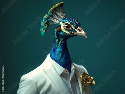 Confident Peacock in Luxurious Suit Attends Corporate Gala with Vibrant Feathers and Gold Accessories photo