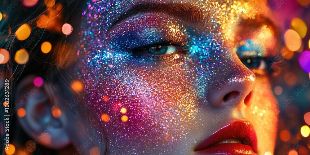 Vivid Cosmetic Face with Glittering Eyes, Neon Lips and Colorful Particles in the Background Vivid Cosmetic Face with Glittering Eyes, Neon Lips and Colorful Particles in the Background