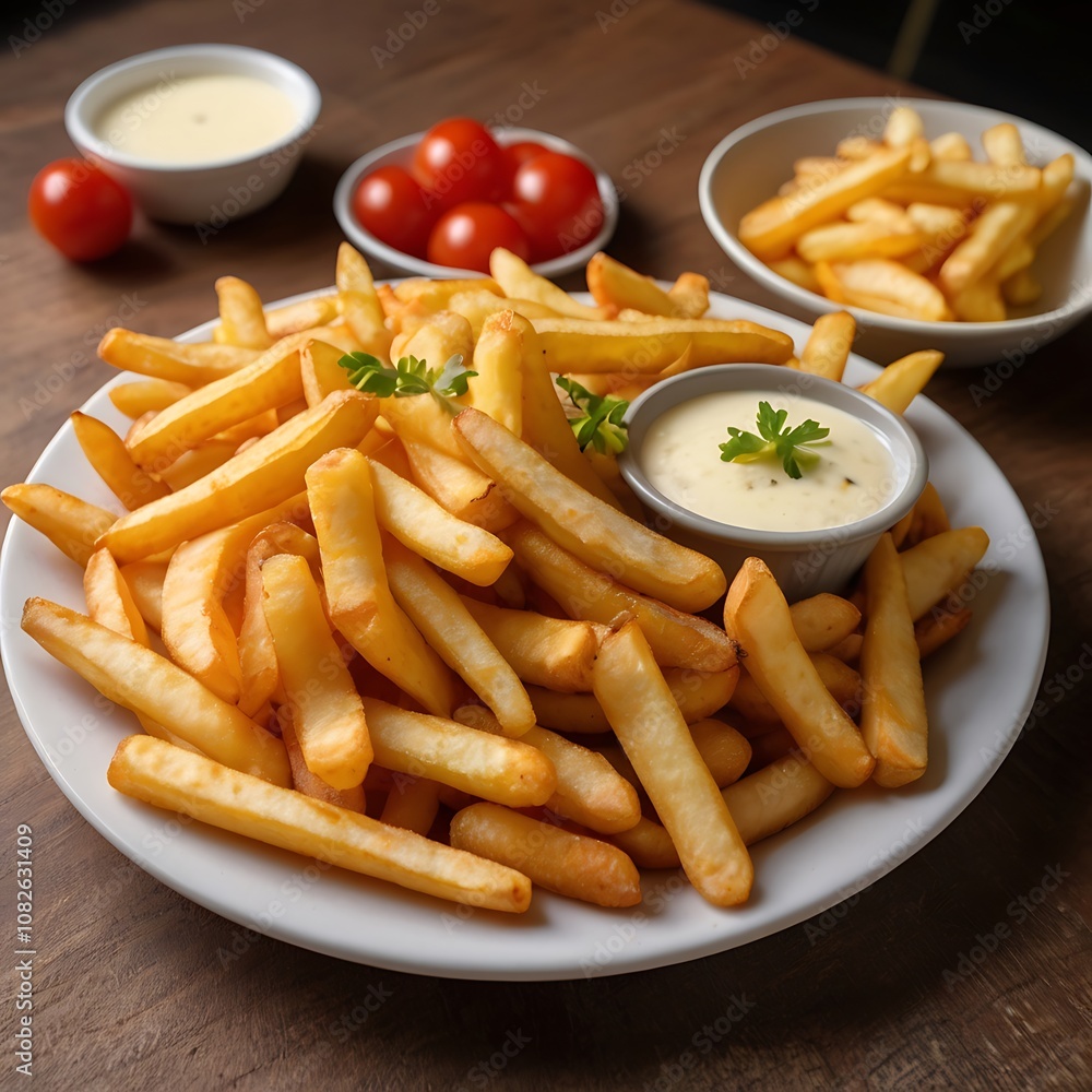 Delicious French fries with cheese tomato fried Served Delicious French fries with cheese tomato fried Served