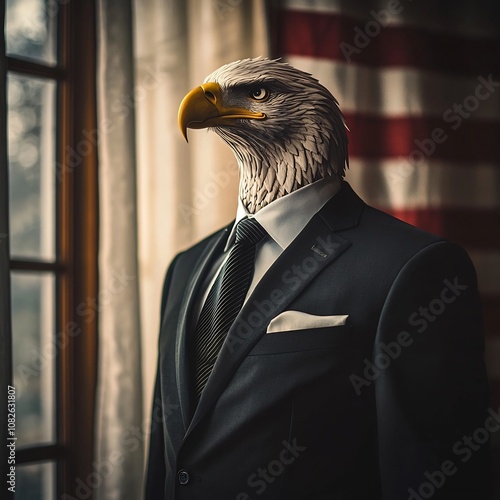 Symbolic Avian Entrepreneur   Eagle in Suit at American Flag Window photo