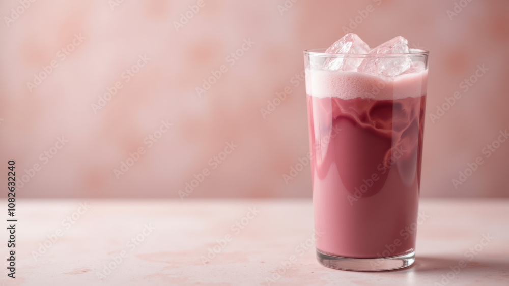 Pink matcha drink with ice cubes served in a clear glass. Pink matcha drink with ice cubes served in a clear glass.