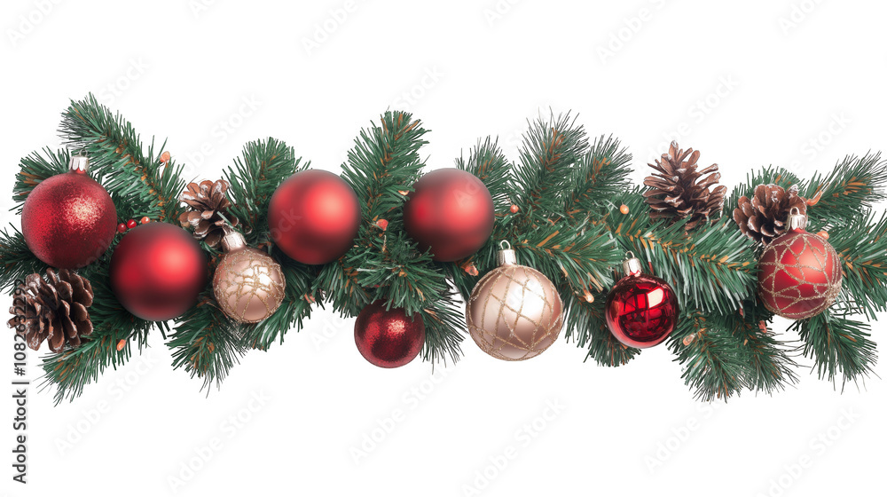 Christmas garland with red and gold baubles, berries, and pinecones on a white background. PNG transparent. Christmas garland with red and gold baubles, berries, and pinecones on a white background. PNG transparent.