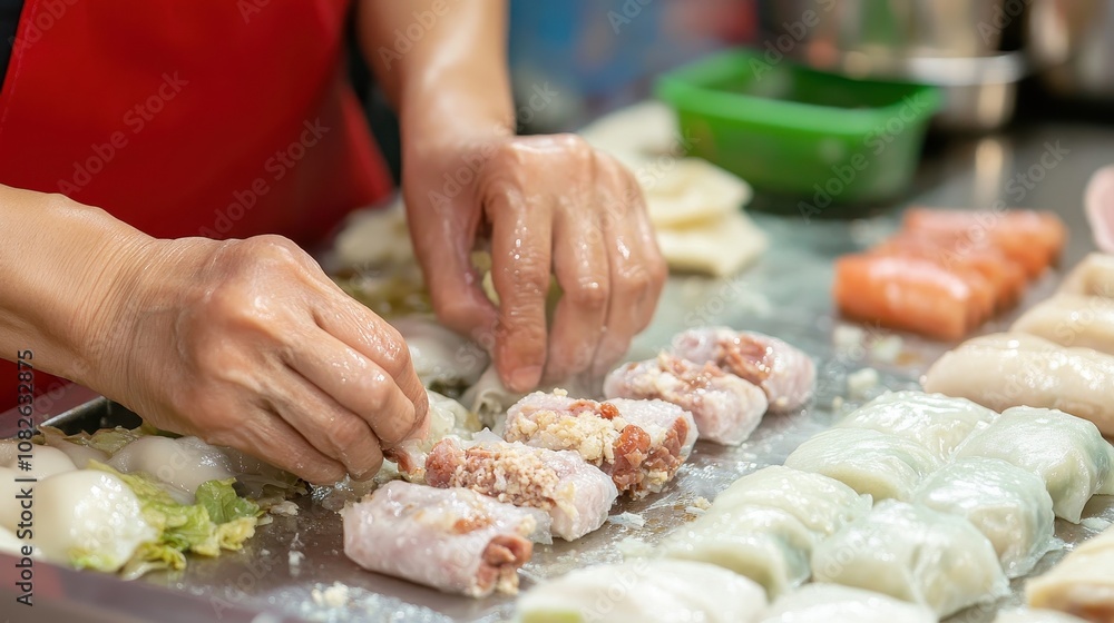 Hands skillfully fill dumplings with meat and veggies, amidst festive Chinese New Year treats Hands skillfully fill dumplings with meat and veggies, amidst festive Chinese New Year treats