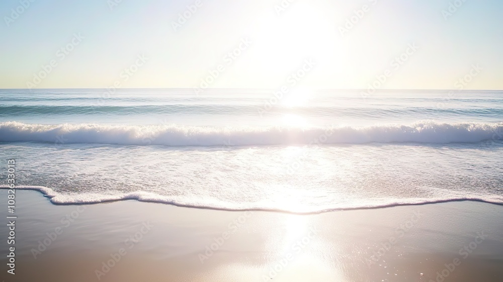 Obraz premium Sunrise over calm ocean waves, sandy shore, serene ambiance