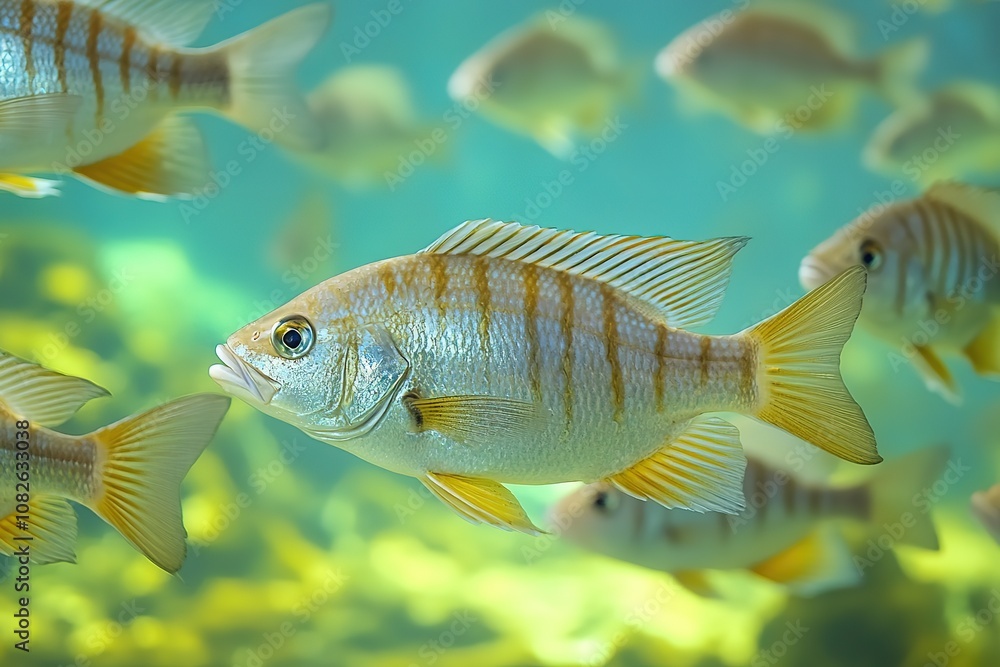 Fototapeta premium Bright fish swimming in blue water with a school in background