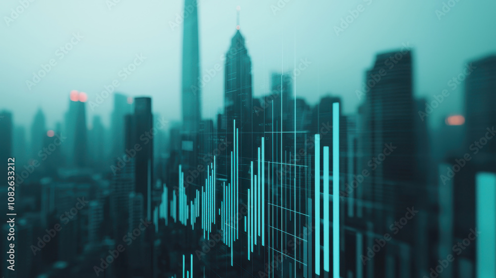 Urban skyline with digital data visualization overlay, showcasing modern architecture and technology. image conveys sense of innovation and progress Urban skyline with digital data visualization overlay, showcasing modern architecture and technology. image conveys sense of innovation and progress