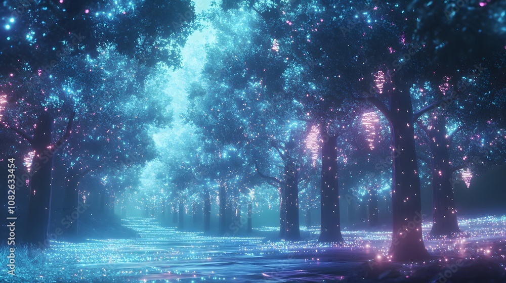 A digital forest of glowing trees and surreal floating particles, creating a hyper-futuristic vision of nature and technology. 4k resolution, cinematic scene A digital forest of glowing trees and surreal floating particles, creating a hyper-futuristic vision of nature and technology. 4k resolution, cinematic scene